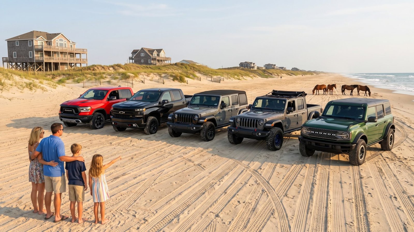 Concept render of five adventure vehicles parked side by side on the Carova 4x4 beach: a red Ram 1500 Rebel, a black Chevrolet Silverado Trail Boss, a gray Jeep Wrangler Willys, a gray Jeep Gladiator and a green Ford Bronco, with a family of four standing on the sand looking them over and wild horses far down the beach.