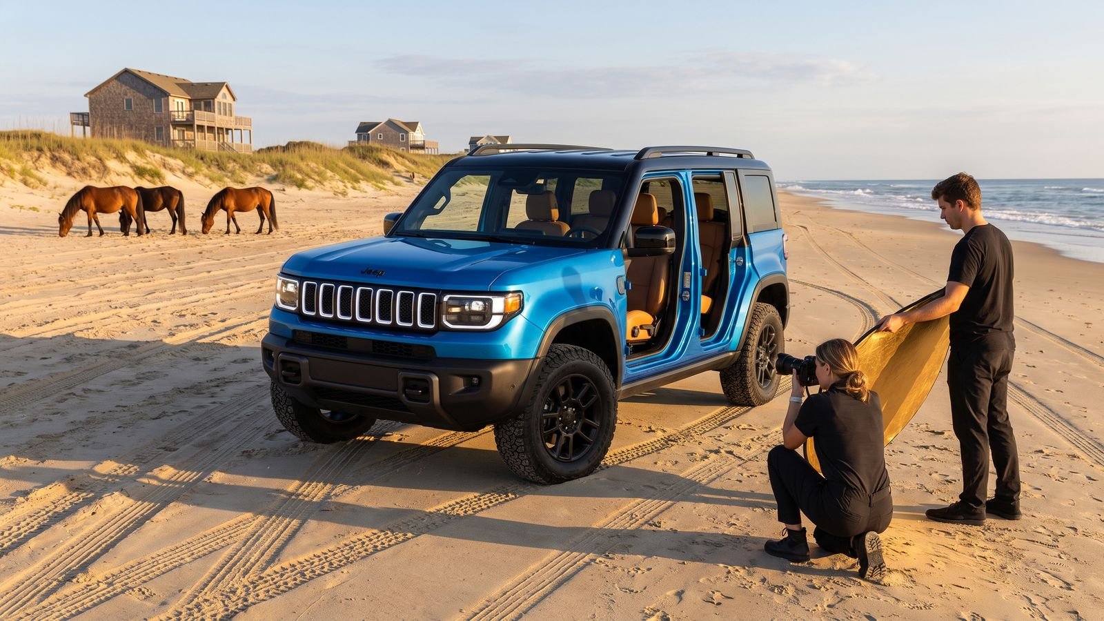 Concept render of a photographer and an assistant with a gold reflector shooting a blue Jeep Recon on the beach, wild horses far down the sand.