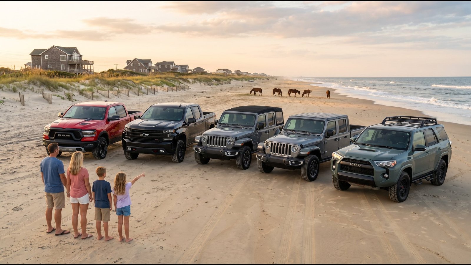 Concept render of a family of four on the Carova 4x4 beach looking over five vehicles parked in a row: a red Ram 1500 Rebel, a black Chevrolet Silverado Trail Boss, a gray Jeep Wrangler, a gray Jeep Gladiator and a gray-green Toyota 4Runner, with wild horses far down the beach.