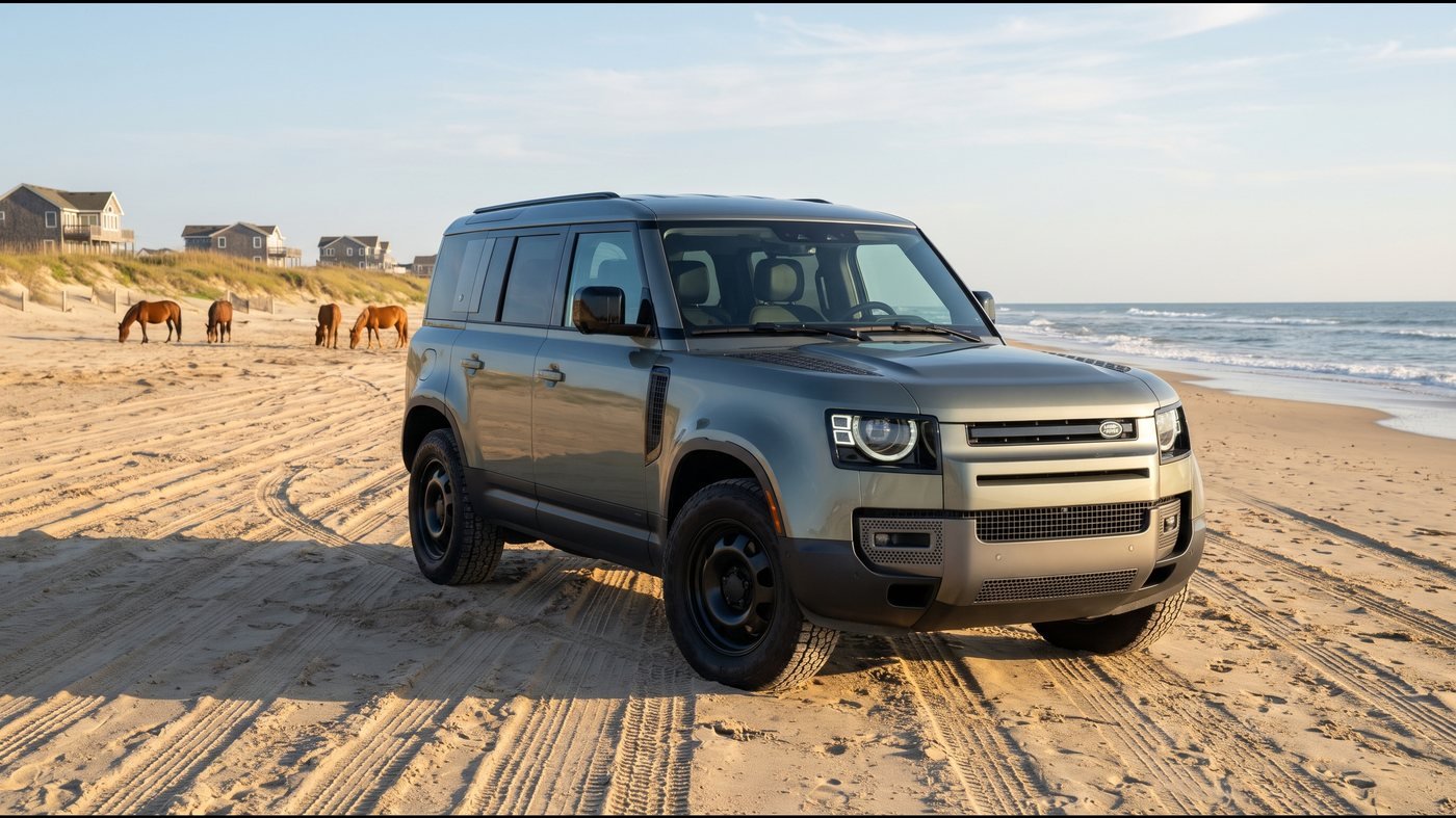 Concept render of a gray-green Land Rover Defender 110 parked on the Carova beach, wild horses grazing far behind it.