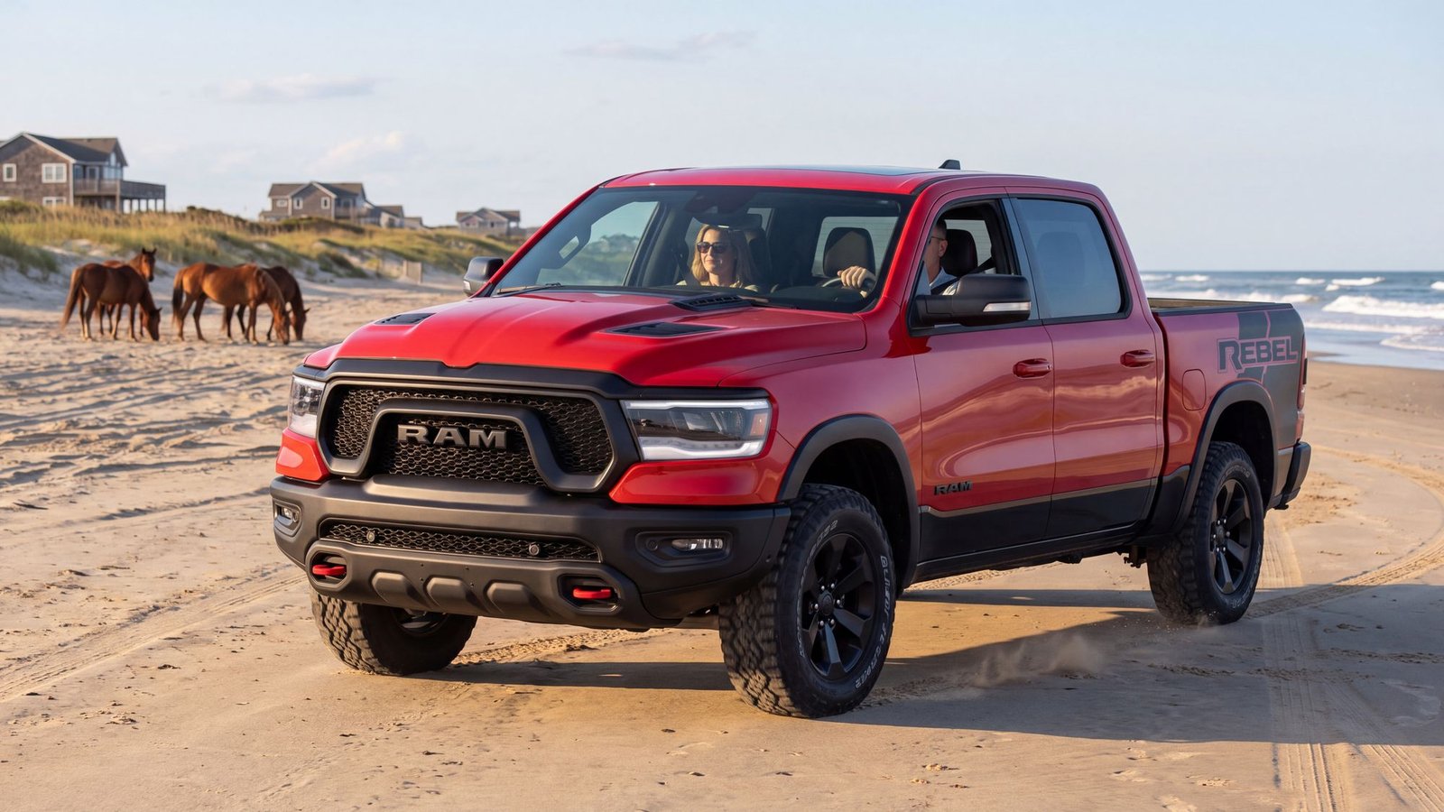 Concept render of a red Ram 1500 Rebel driving on the Carova 4x4 beach with a couple inside, wild horses grazing far down the beach by the dunes.
