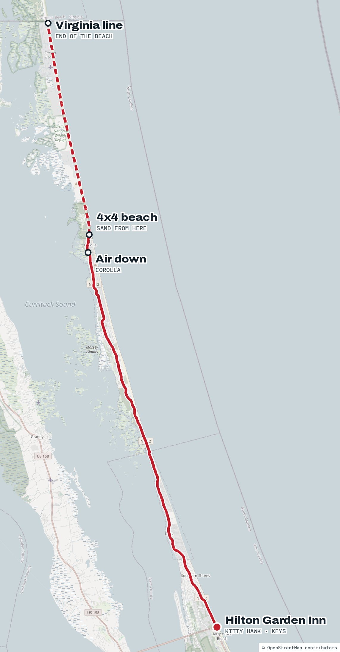 Route map: from the Hilton Garden Inn in Kitty Hawk north on Highway 12 through Duck and Corolla, air down in Corolla, then up the Carova 4x4 beach to the Virginia line.